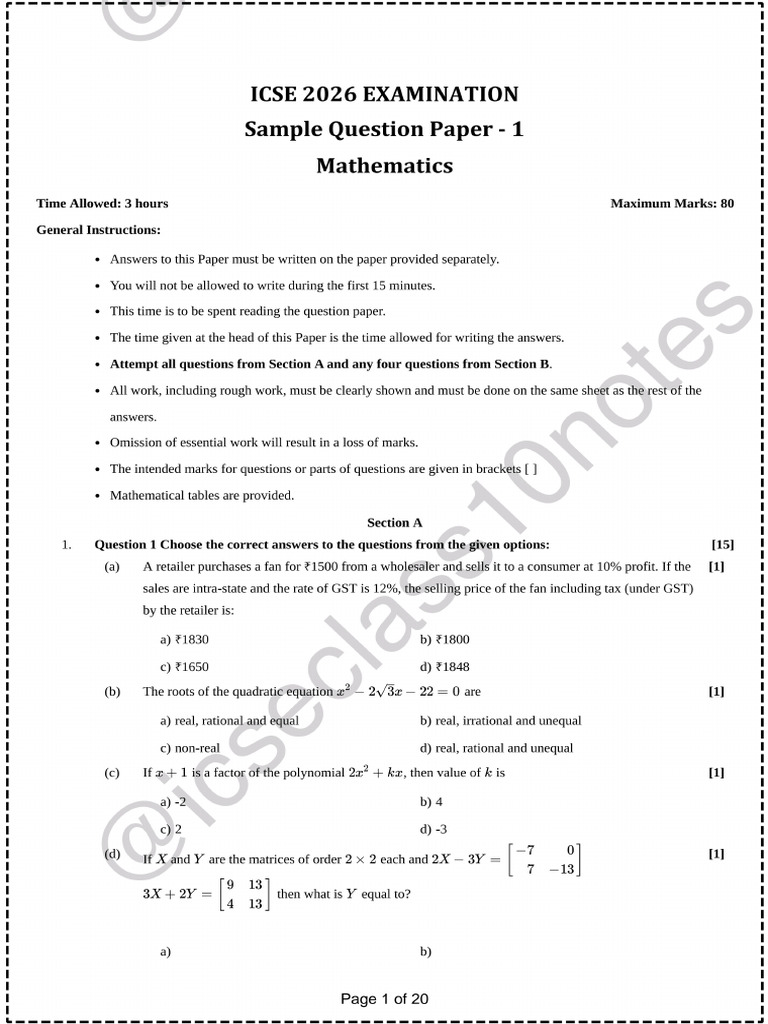 Maths Sample Paper 1 | PDF