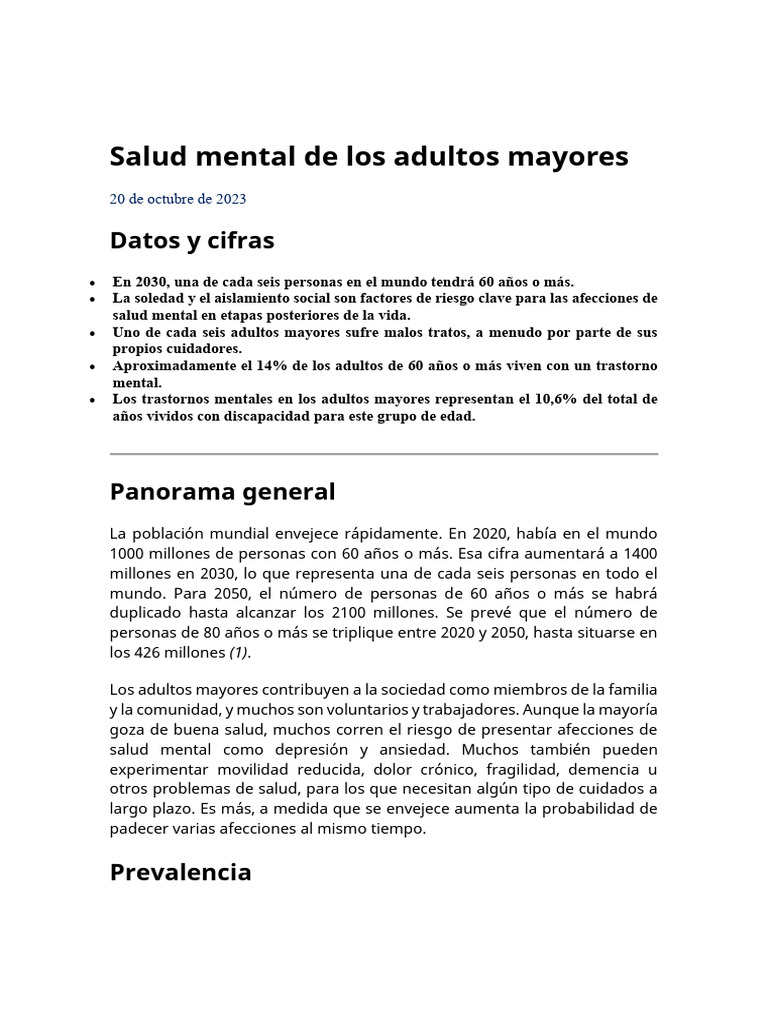 OPS - Salud Mental de Los Adultos Mayores | PDF | Salud mental | Vejez