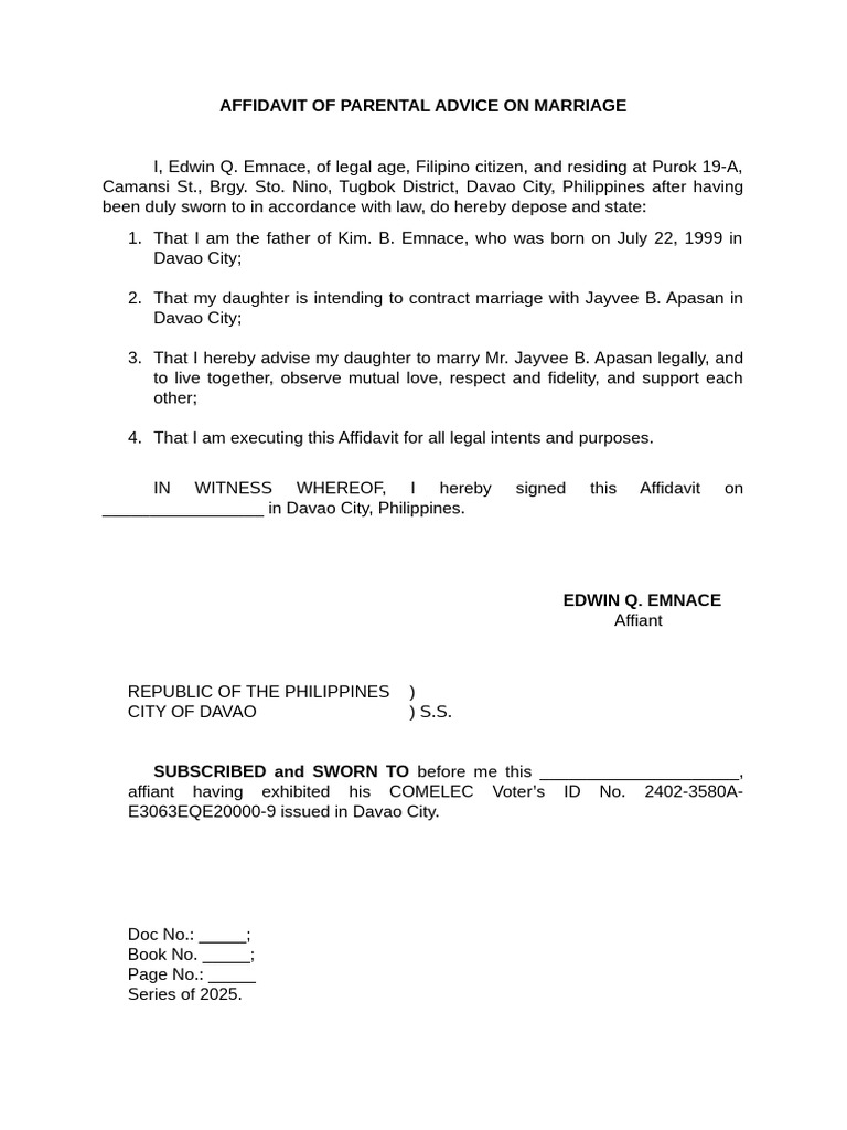 Affidavit of Parental Advice On Marriage | PDF