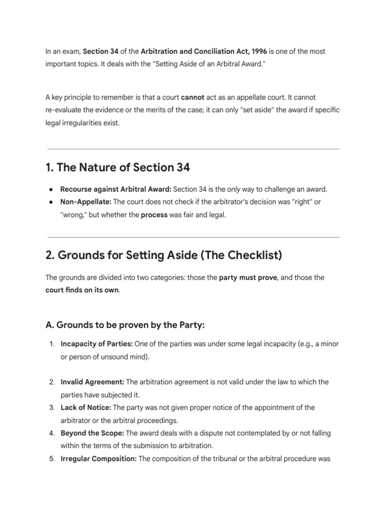 Setting Aside Arbitral Awards - Section 34 | PDF | Arbitration | Common Law