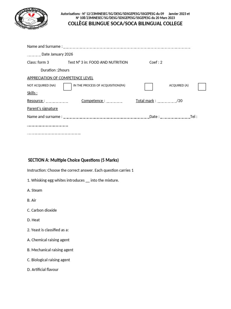 4th Sequence Food and Nutrition Form 3 | PDF
