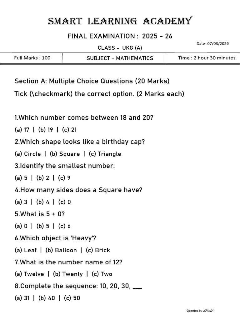 Ukg A Mathematics Final Paper | PDF