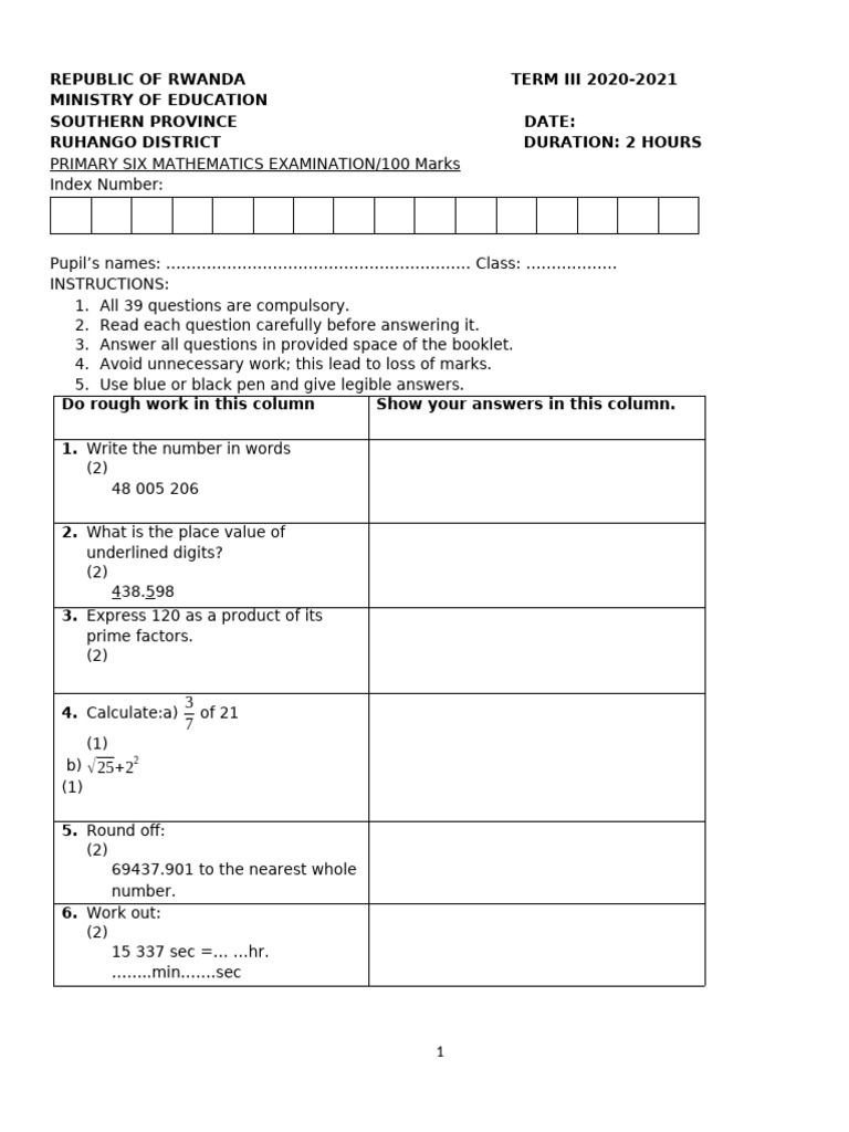 Mathematics Examination p6 | PDF | Mathematics