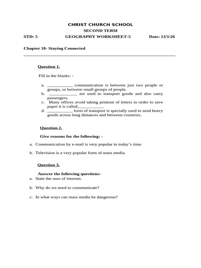Geog STD 5 Worksheet CHP 18 | PDF