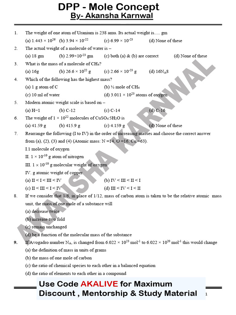 Mole Concept- DPP - By AKansha Karnwal | PDF | Mole (Unit) | Molecules