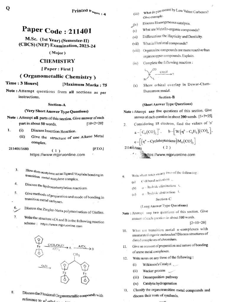2 Sem Chemistry p1 Organometallic Chemistry 211401 2024 | PDF
