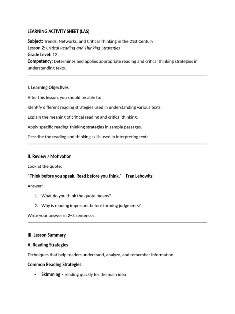 Learning Activity Sheet | PDF | Critical Thinking | Speed Reading