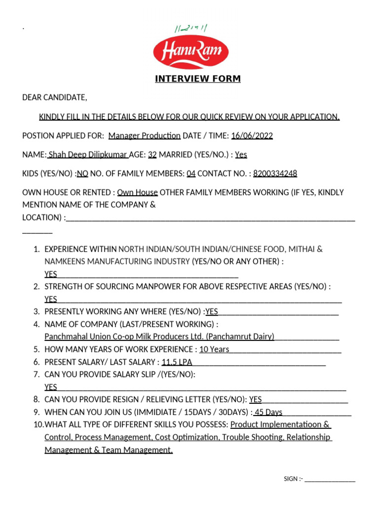 Interview Questionnaire - PRODCTION MGR - Hanuram Foods - 2022 | PDF ...