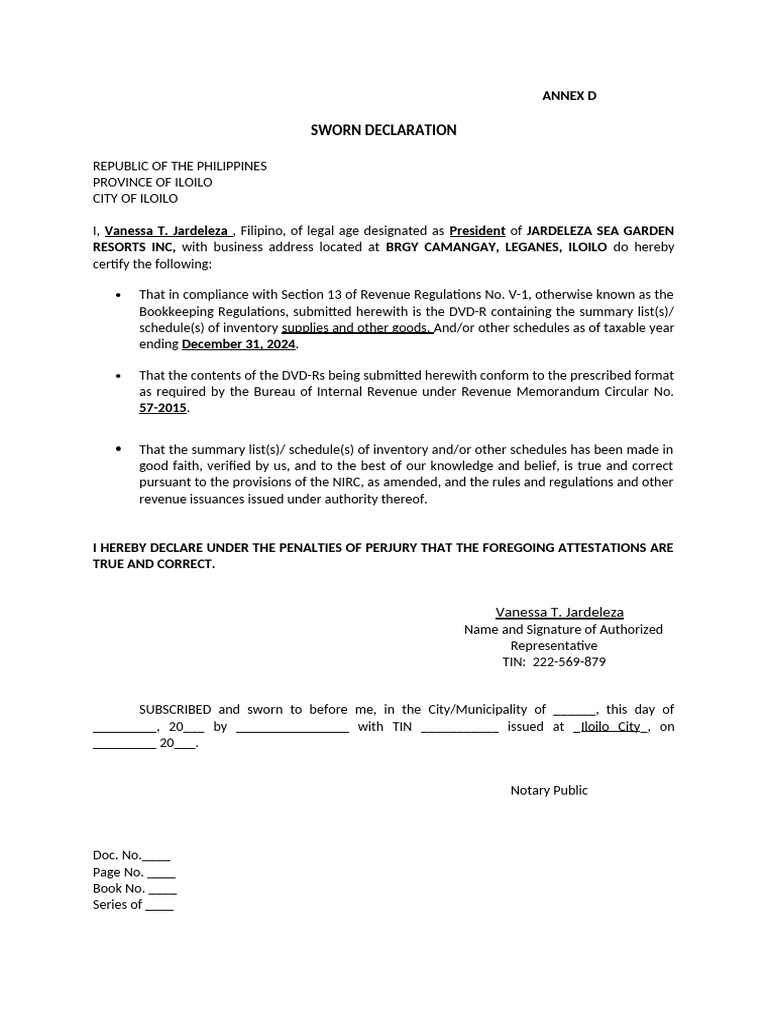 Annex D - Sworn Declaration For Inventory | PDF