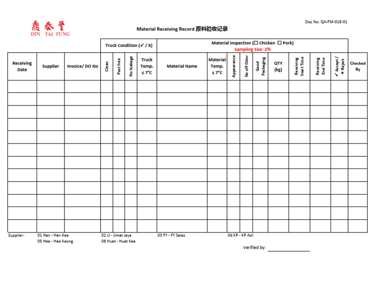 QA FM 018 01 Material Receiving Record | PDF