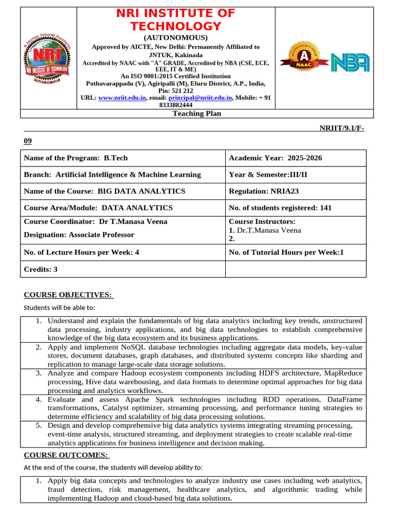 III-II Bda Teaching Plan 2025-r23 | PDF | Big Data | Apache Hadoop