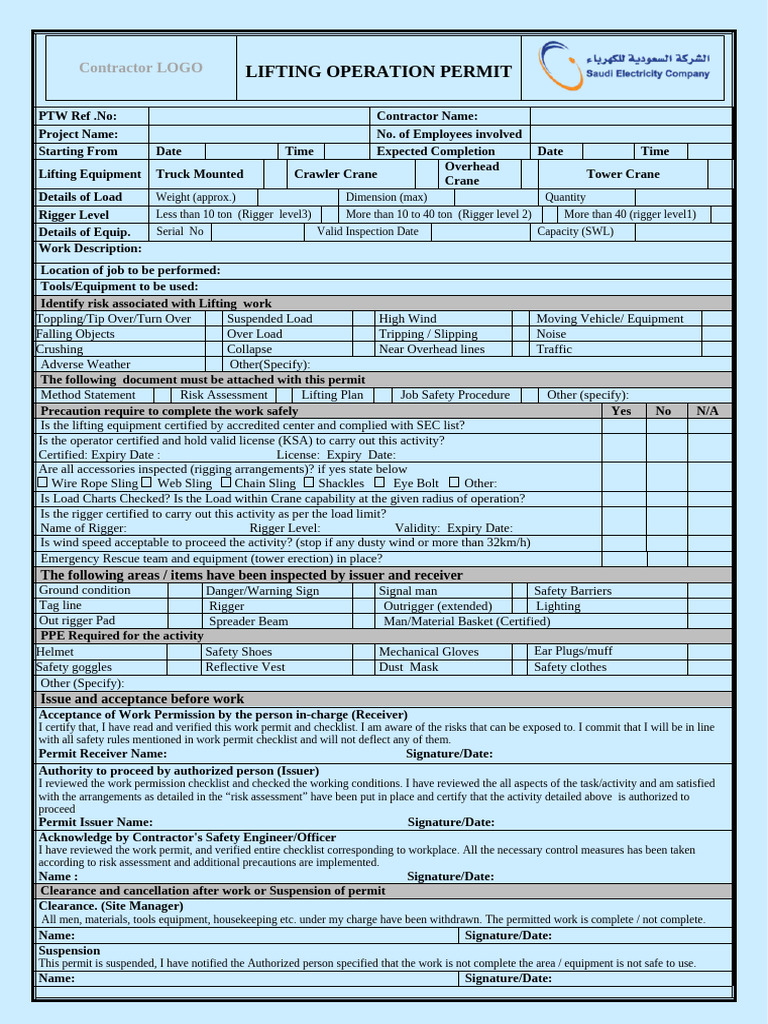 Lifting Operation Permit Form-2020 | PDF | Crane (Machine)