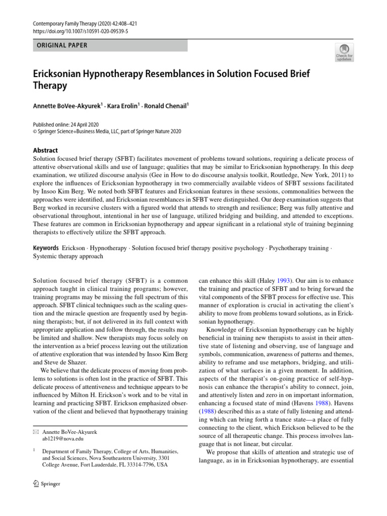 Ericksonian Hypnotherapy Resemblances in Solution Focused Brief Therapy ...