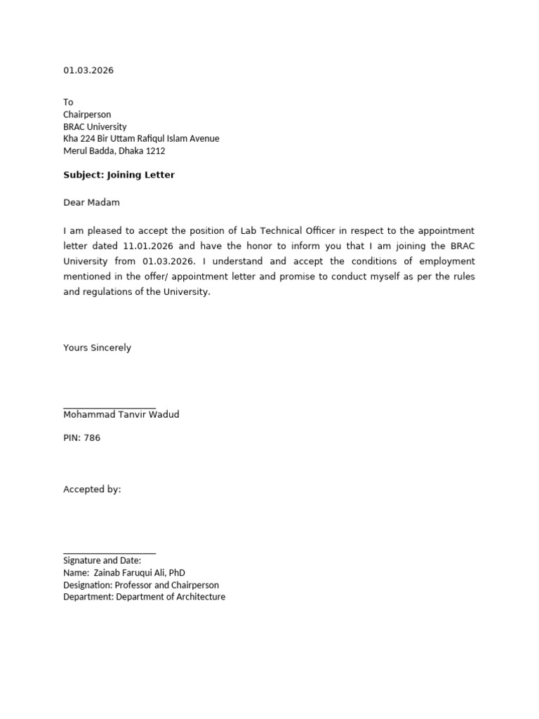 Joining Letter Sample | PDF