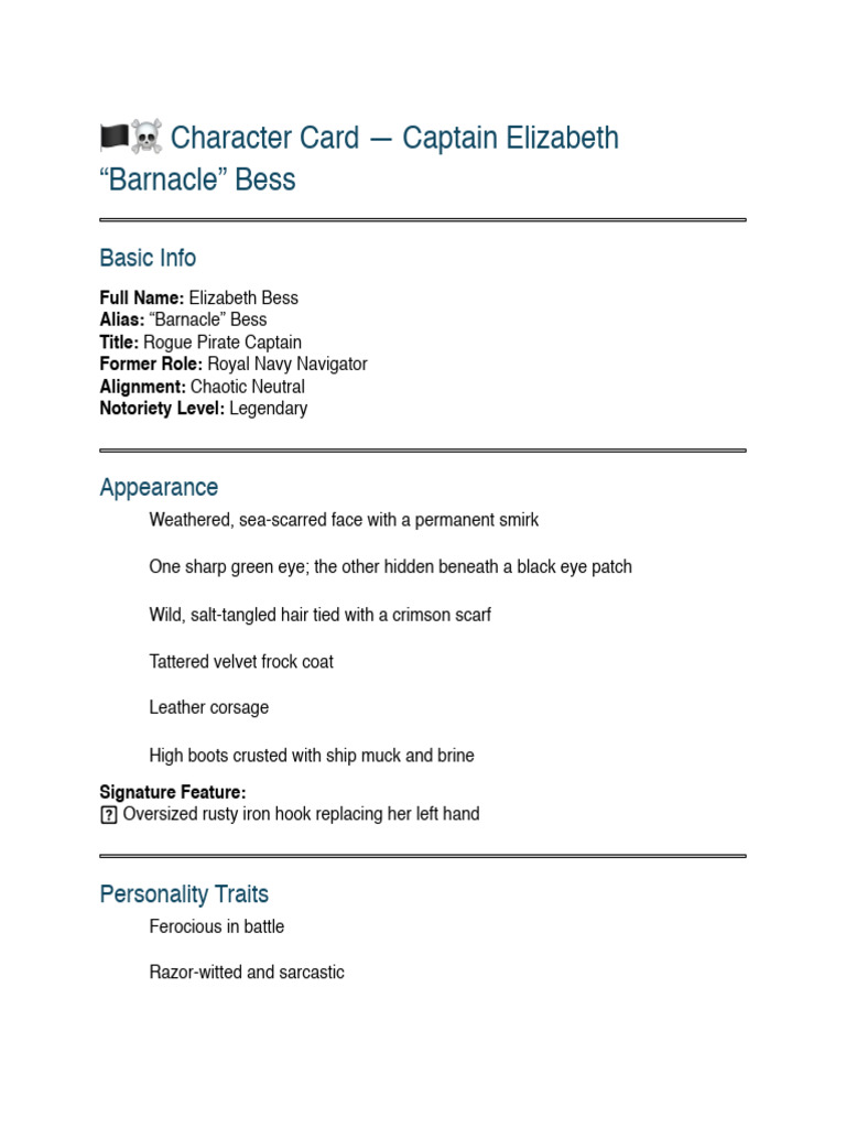 Barnacle Bess Character Card | PDF