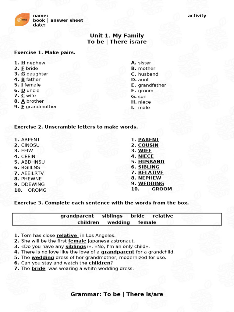 Unit 1. Activity Book, Answer Sheet | PDF | Grandparent | Social ...