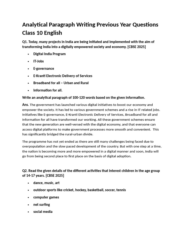 Analytical Paragraph Writing Previous Year Questions Class 10 English ...