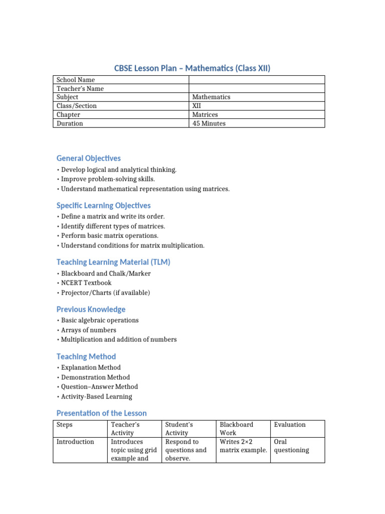 CBSE Matrices Lesson Plan Class XII | PDF | Matrix (Mathematics ...