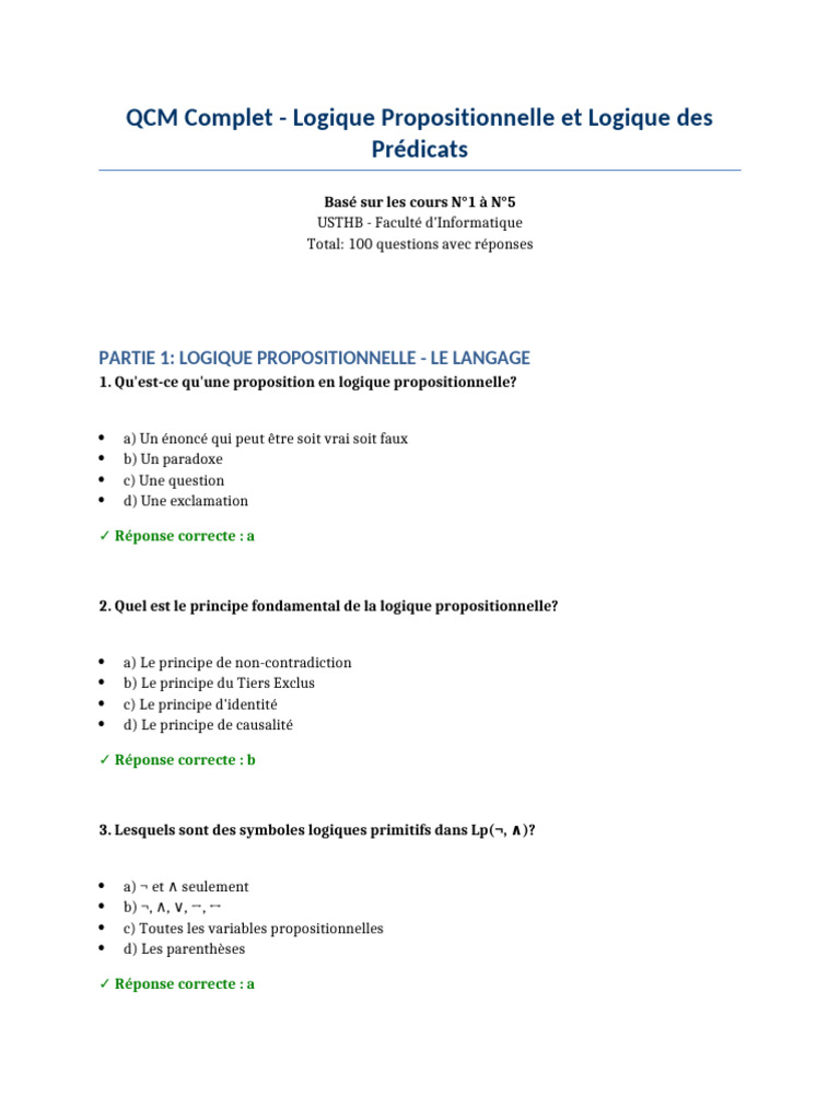 QCM Complet Logique 100 Questions Avec Reponses | PDF | Logique ...