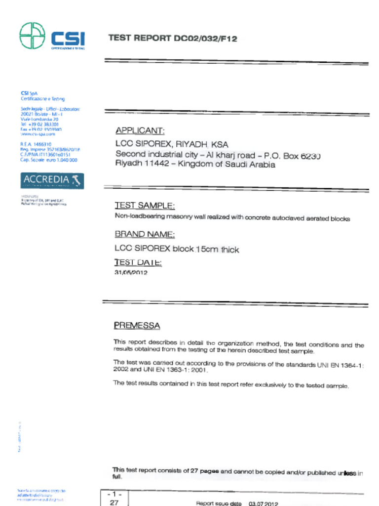 Fire Test Report - CSI, Italy (1) | PDF