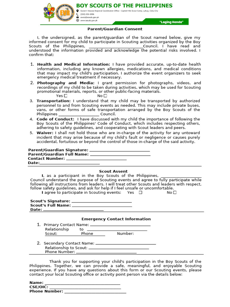 BSP Parent Guardian Consent Form With Waiver Clause | PDF | Informed ...