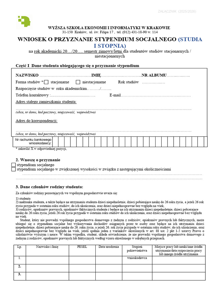 I Stopien Studiów - Wniosek o Stypendium Socjalne | PDF