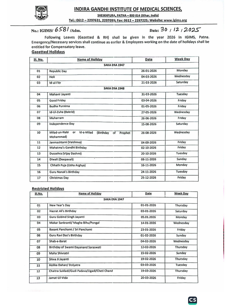 Holiday List of 2026 | PDF