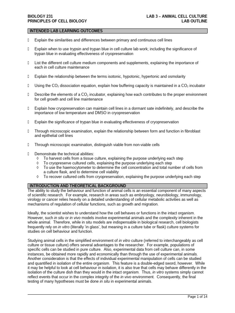 Lab 3 Animal Cell Culture OUTLINE 2 | PDF | Cell Culture | Growth Medium