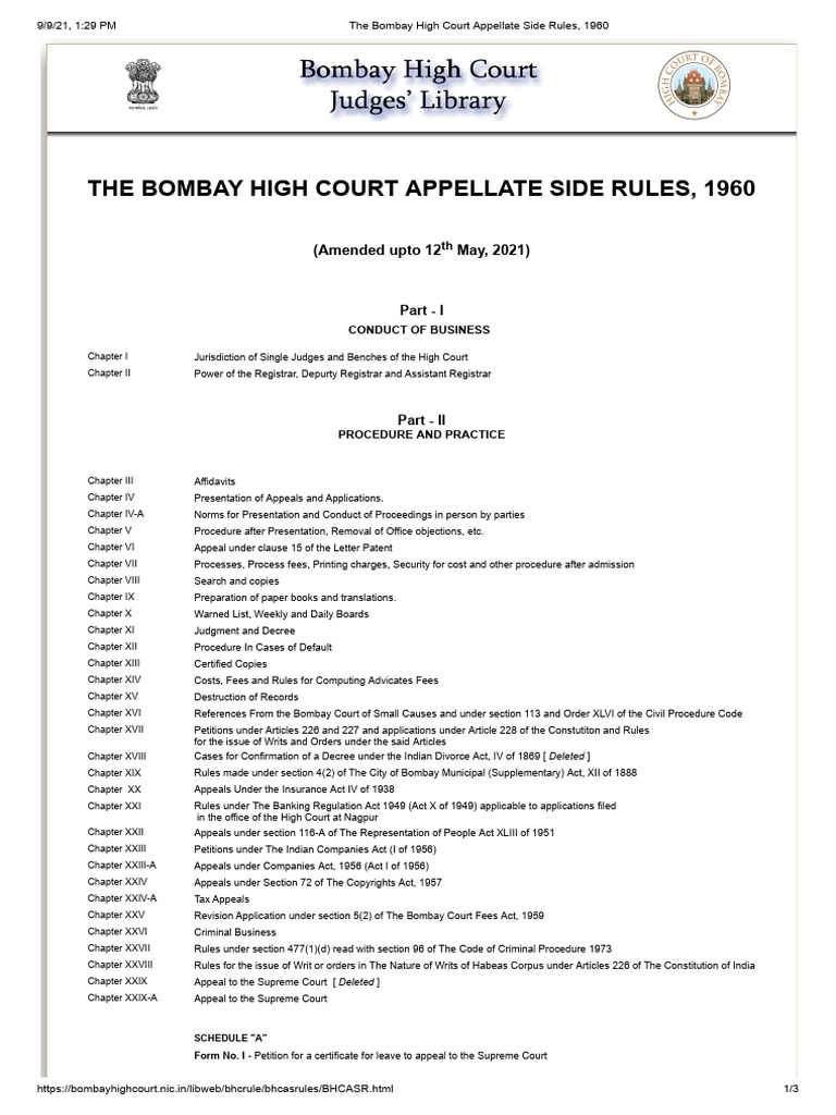 Bombay High Court Appellate Side Rules, 1960 | PDF | Appeal ...
