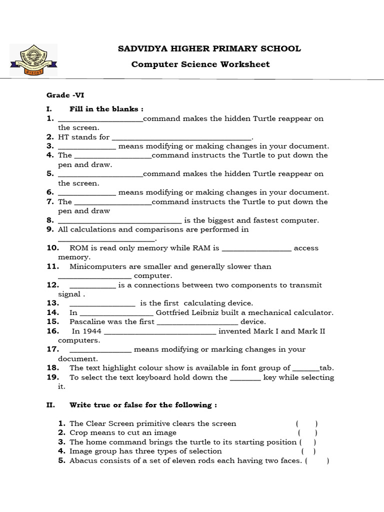 6th STD Worksheet | PDF | Read Only Memory | Computing