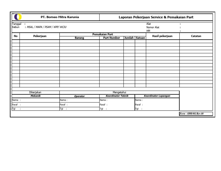 Form Laporan Pekerjaan Service & Pemakaian Part | PDF