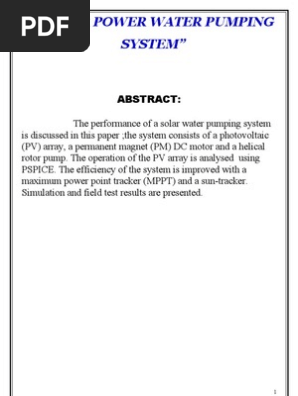 Project Report On Solar Power Water Pumping System Solar