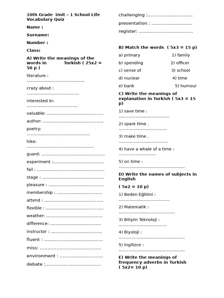 10 TH Grade Unit 1 Vocabulary Quiz | PDF | Linguistics