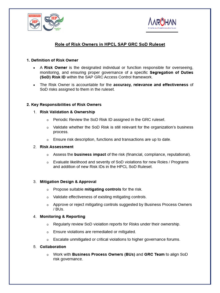 Role of Risk Owners-HPCL SoD Ruleset | PDF