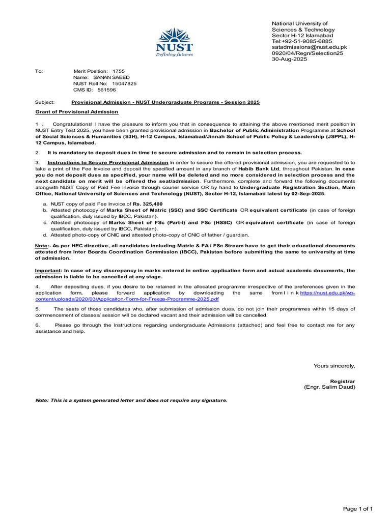 Selection Letter | PDF | Educational Stages