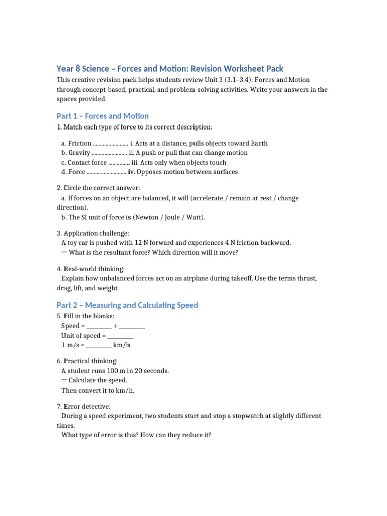 Forces and Motion Revision Worksheet | PDF | Force | Acceleration