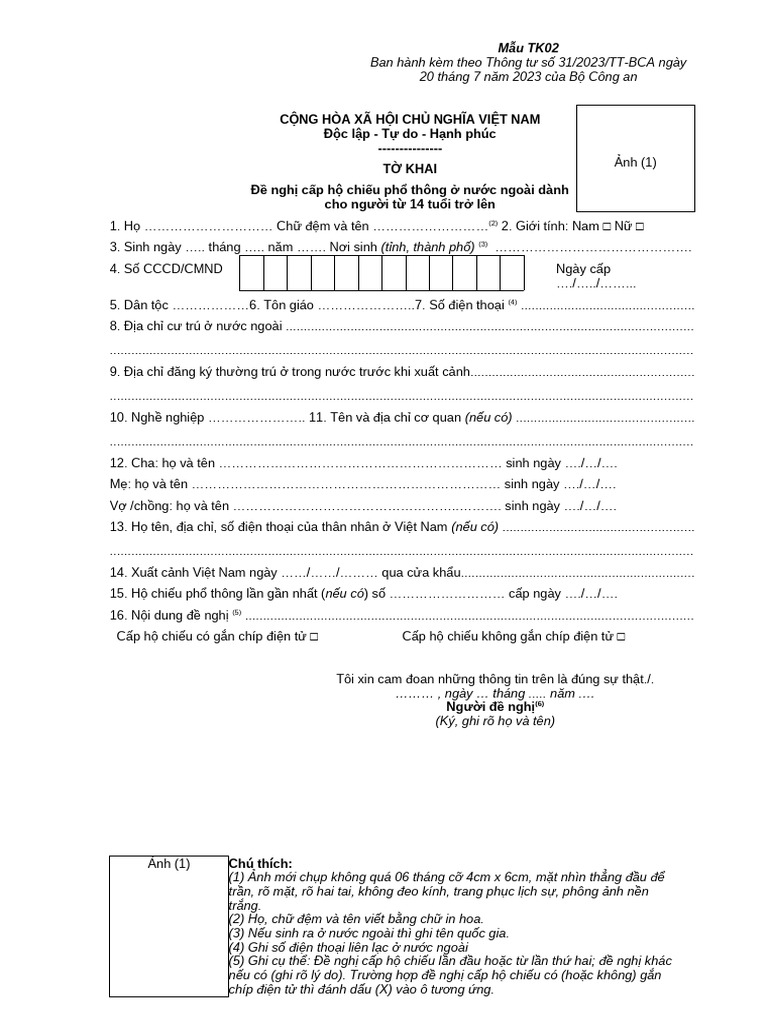 Mau To Khai Xin Cap Ho Chieu o Ngoai Nuoc | PDF