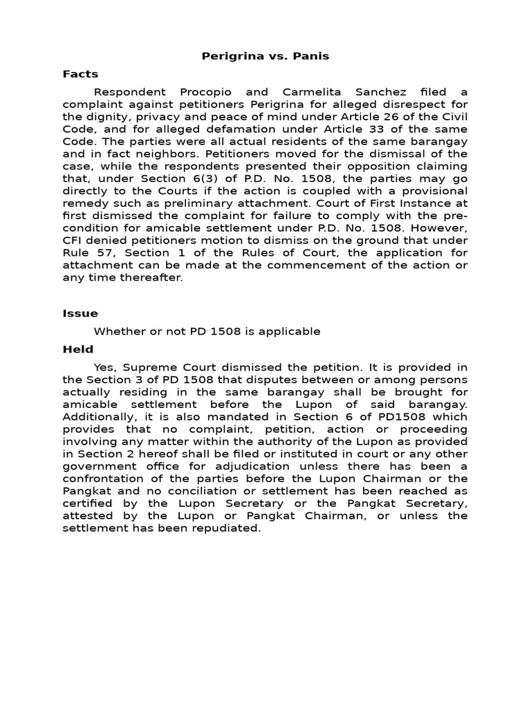 PD 1508 4. Perigrina vs. Panis | PDF