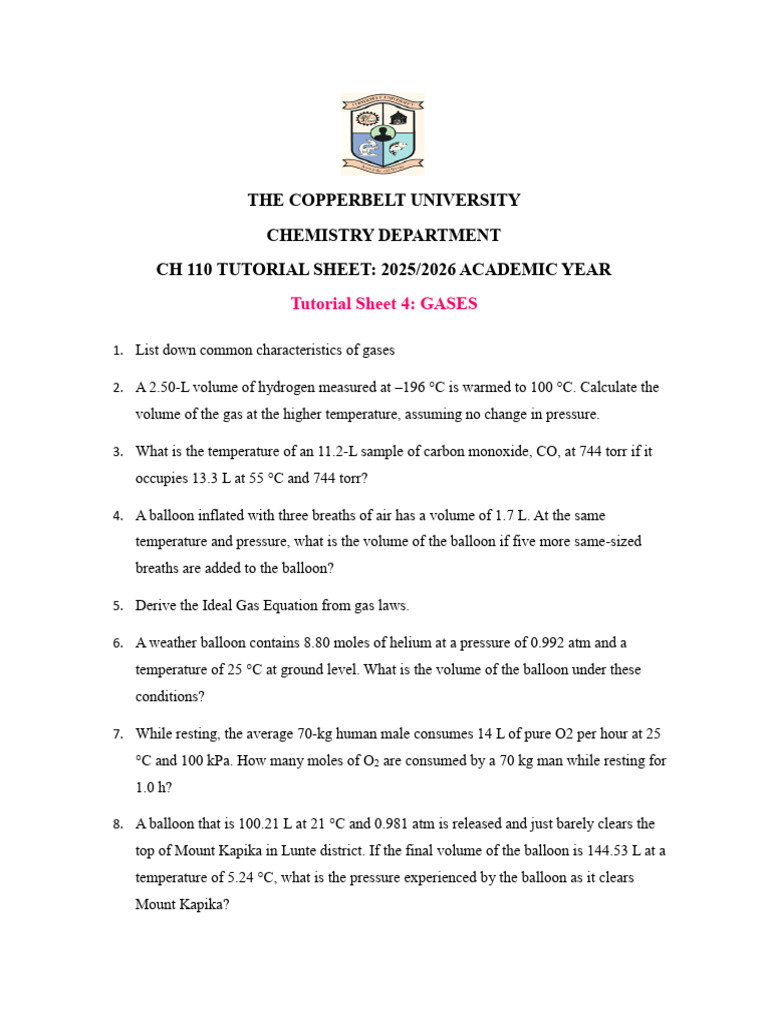Tutorial Sheet 4 - GASES | PDF | Gases | Pressure