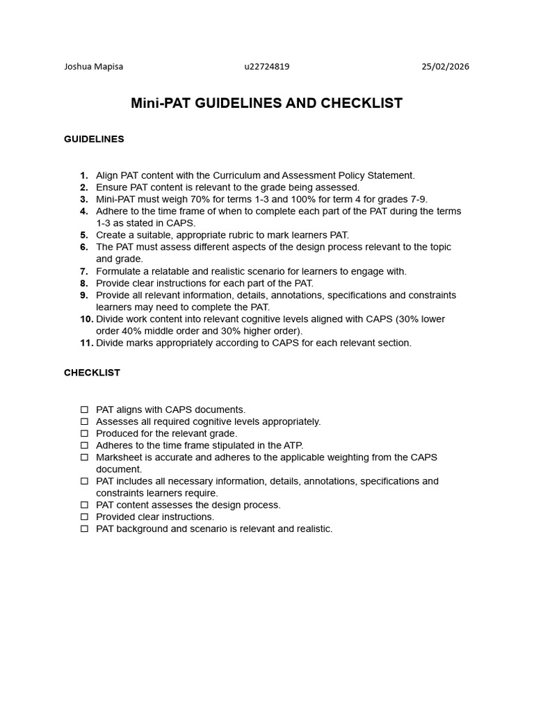 Technology PAT Guidelines and Checklist, Joshua Mapisa, U22724819 | PDF