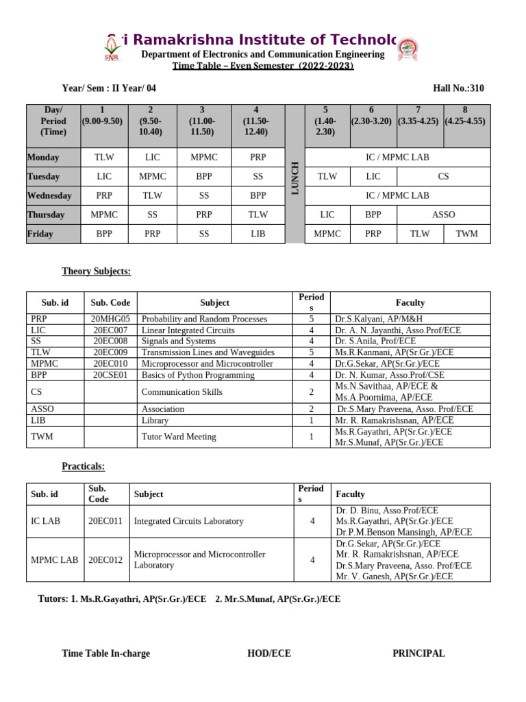 Time Table 22-23 Even Sem | PDF | Electronic Engineering | Electromagnetism