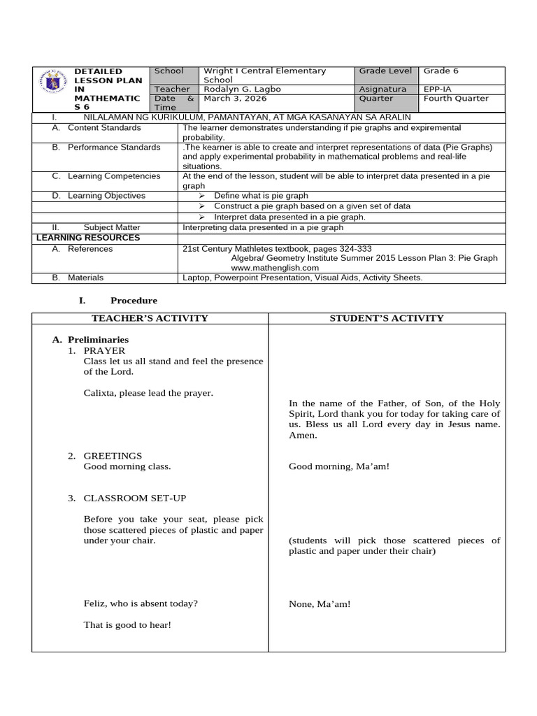 Detailed Lesson Plan in Math 6 - 055543 | PDF | Pie Chart | Mathematics