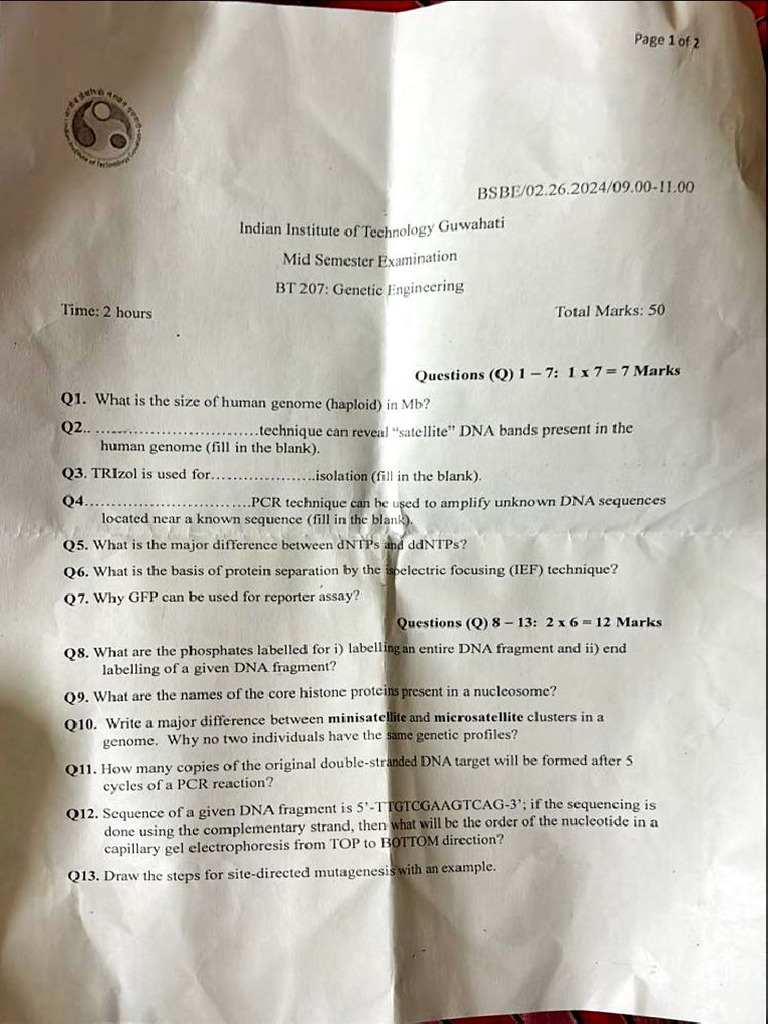 BT207 Mid Sem 2024 | PDF