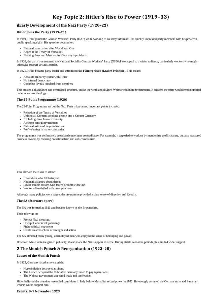 Key Topic 2 History Germany Revision | PDF | Nazi Party | Adolf Hitler