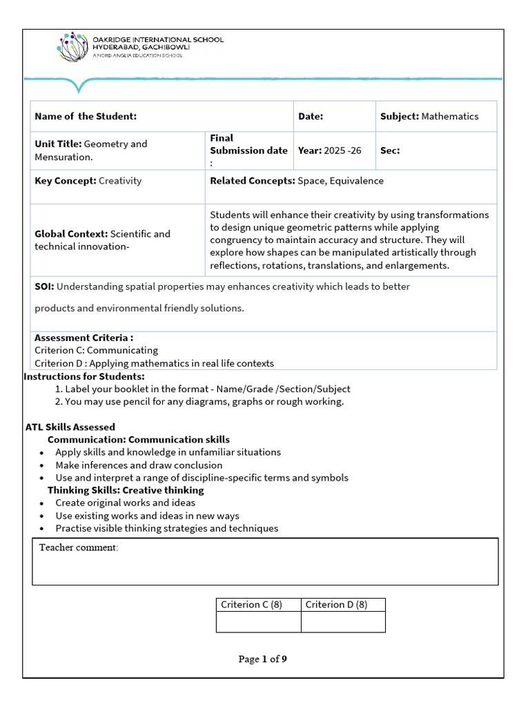 T - 8th Jan-IB MYP Y2 Math - SA-3 Geometry & Mensuration | PDF ...