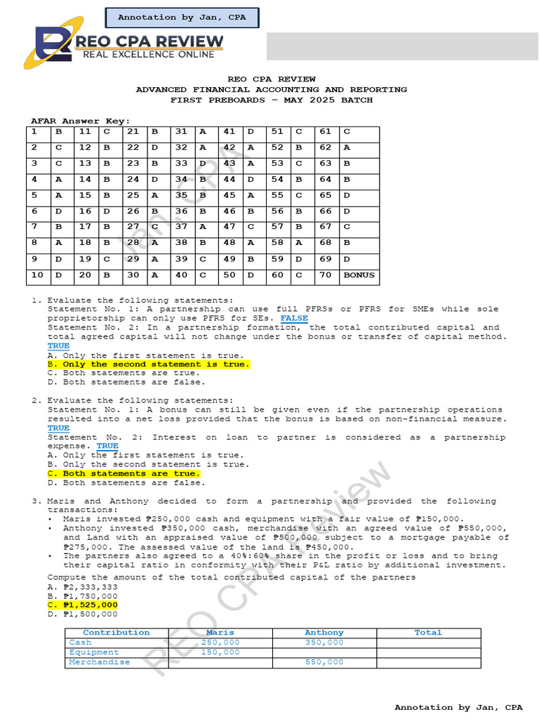 Afar 1st PB Answer Key - Jan, Cpa | PDF | Debits And Credits | Expense