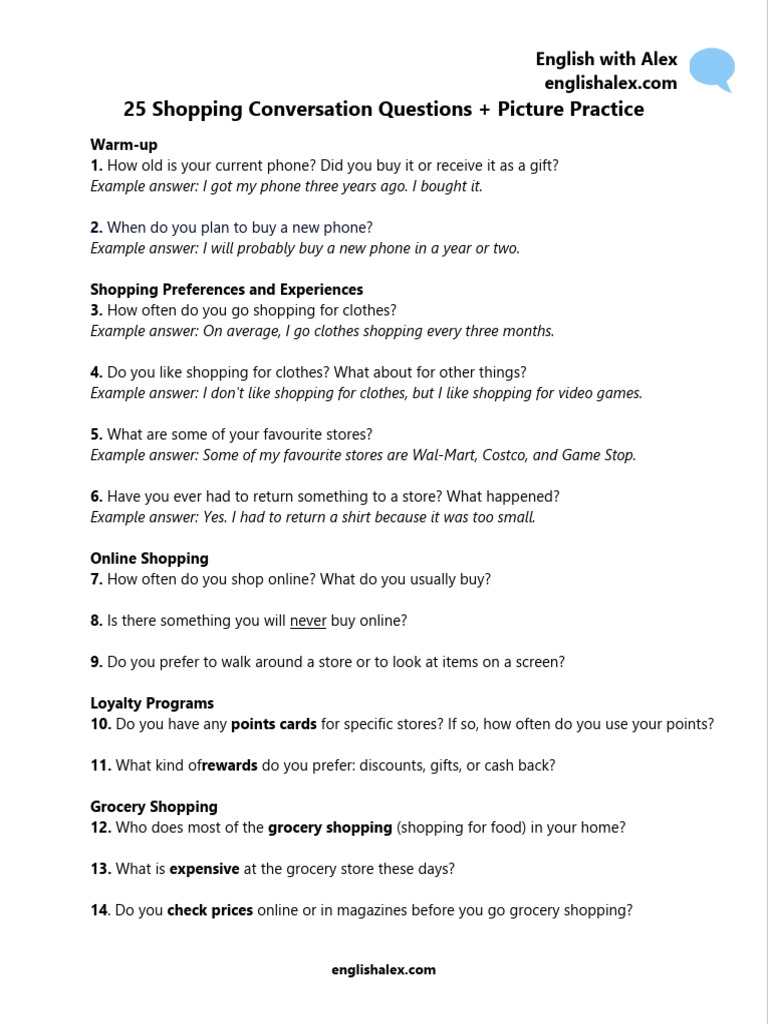 25 Shopping Conversation Questions | PDF | Marketing