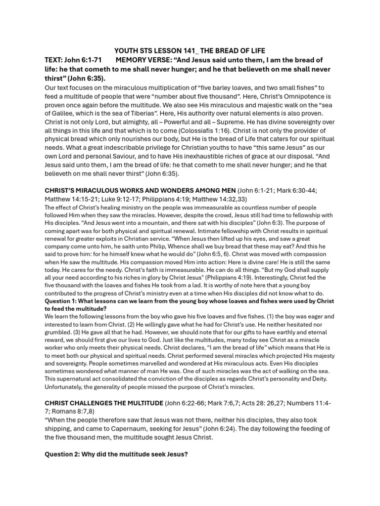 Youth STS Lesson 141 - The Bread of Life | PDF | Jesus | Miracle