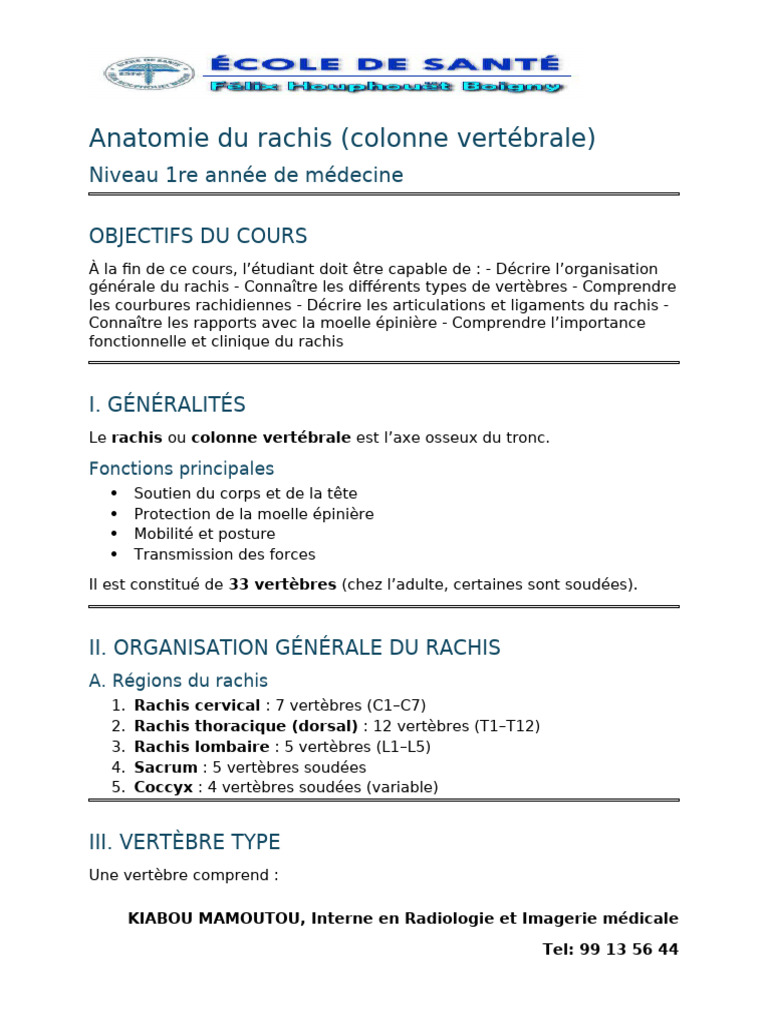 Anatomie Du Rachis - Niveau 1re Année de Médecine | PDF | Vertèbre ...
