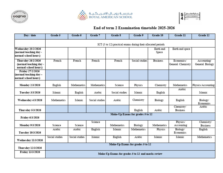 TERM 2 Final Exam Timetable G5 - 12 AY25 26 | PDF